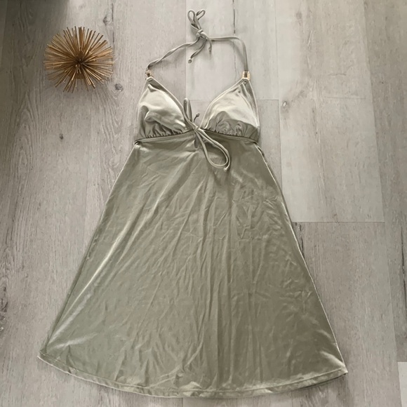 Badgley Mischka one piece swimsuit‎ dress beach rhinestone shimmer sage green M - Picture 1 of 12